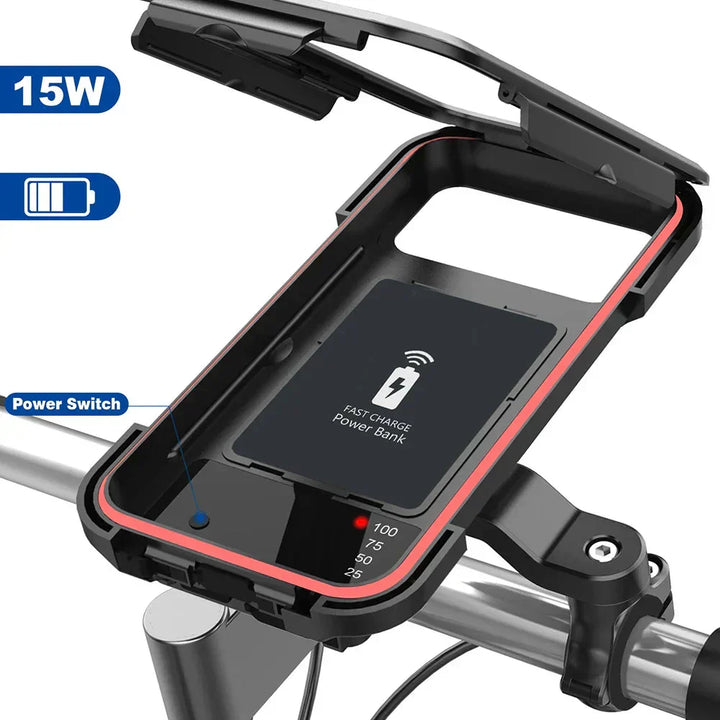 RideCharge Pro – Wodoodporny uchwyt na telefon z USB i 15W bezprzewodowym ładowaniem do roweru i e-roweru | Karnz