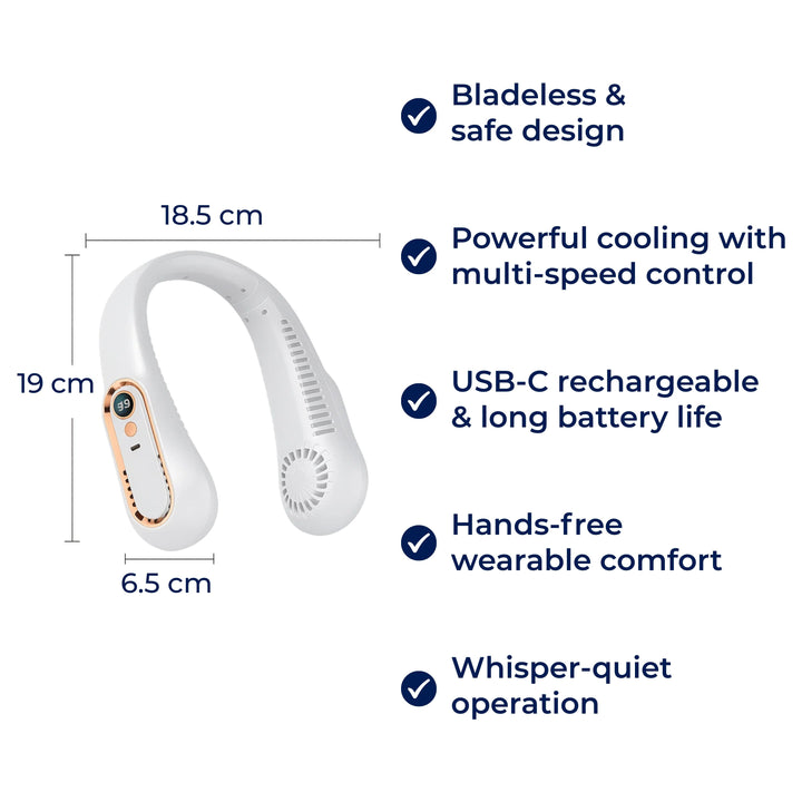 CoolEase | Przenośny wentylator na szyję – Bezłopatkowe chłodzenie na rękach – Pięć prędkości USB-C – Podróże biurowe Karnz