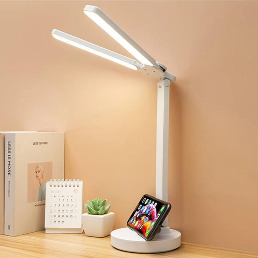 Regulowana lampa do czytania - Ładowalna, ściemniana z miejscem na telefon