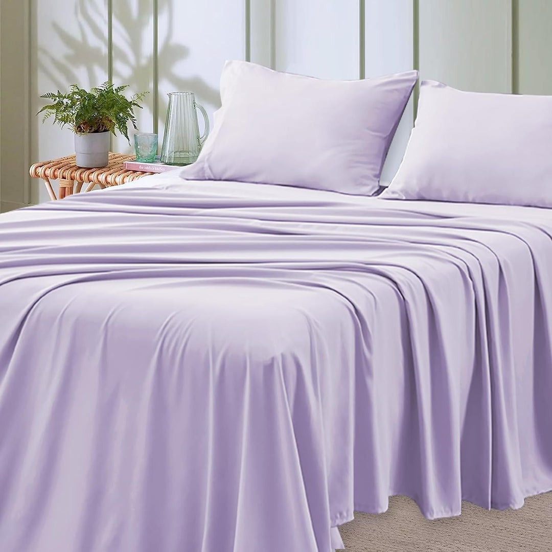 4-częściowy miękki chłodzący zestaw prześcieradeł na łóżko typu queen-size: 14" głębokie kieszenie, luksusowa jakość hotelowa, odporne na kurczenie i blaknięcie, łatwe w pielęgnacji prześcieradła | Karnz