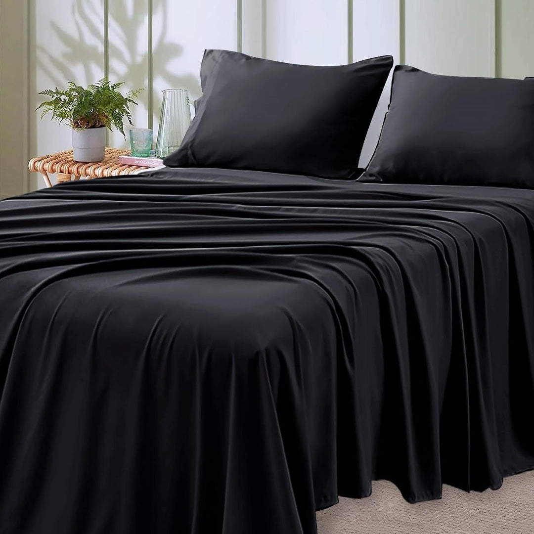 4-częściowy miękki chłodzący zestaw prześcieradeł na łóżko typu queen-size: 14" głębokie kieszenie, luksusowa jakość hotelowa, odporne na kurczenie i blaknięcie, łatwe w pielęgnacji prześcieradła | Karnz
