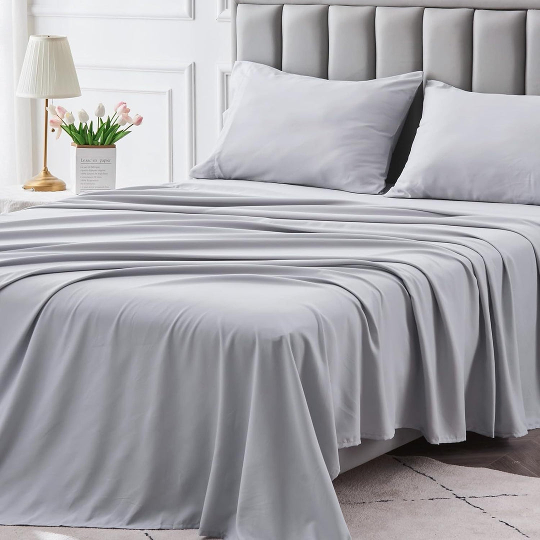 4-częściowy miękki chłodzący zestaw prześcieradeł na łóżko typu queen-size: 14" głębokie kieszenie, luksusowa jakość hotelowa, odporne na kurczenie i blaknięcie, łatwe w pielęgnacji prześcieradła | Karnz