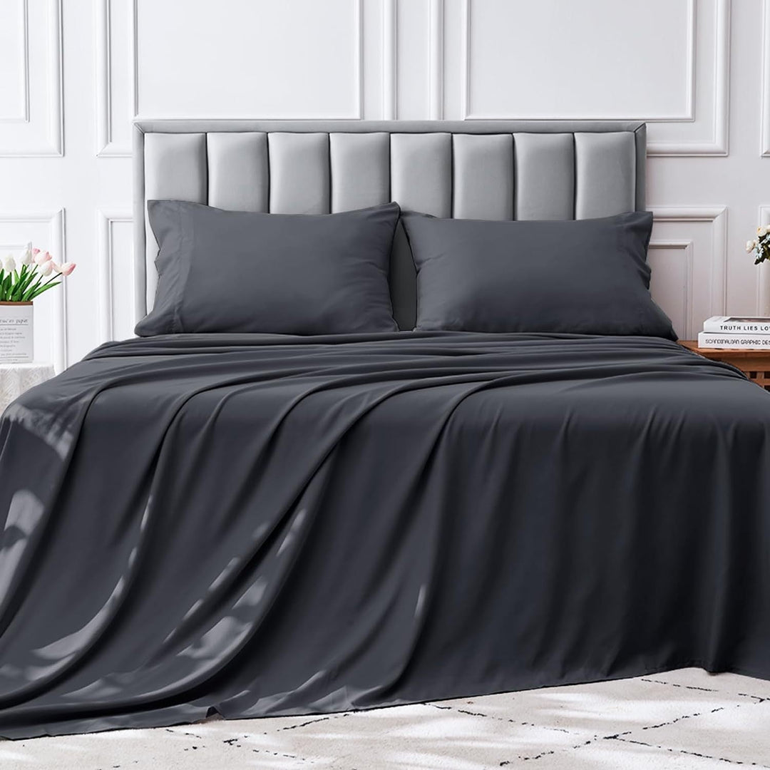 4-częściowy miękki chłodzący zestaw prześcieradeł na łóżko typu queen-size: 14" głębokie kieszenie, luksusowa jakość hotelowa, odporne na kurczenie i blaknięcie, łatwe w pielęgnacji prześcieradła | Karnz