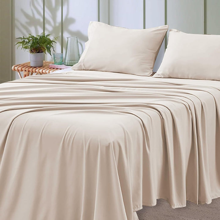 4-częściowy miękki chłodzący zestaw prześcieradeł na łóżko typu queen-size: 14" głębokie kieszenie, luksusowa jakość hotelowa, odporne na kurczenie i blaknięcie, łatwe w pielęgnacji prześcieradła | Karnz