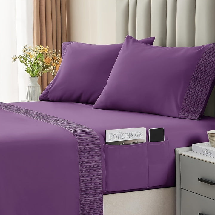 4-częściowy miękki chłodzący zestaw prześcieradeł na łóżko typu queen-size: 14" głębokie kieszenie, luksusowa jakość hotelowa, odporne na kurczenie i blaknięcie, łatwe w pielęgnacji prześcieradła | Karnz