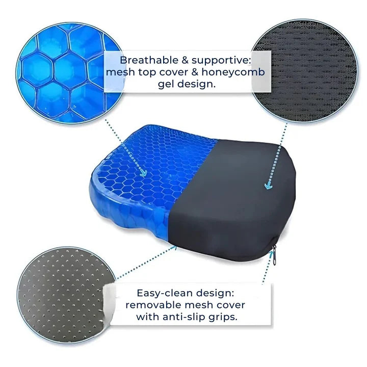 Poduszka ortopedyczna z żelem PressureFree – Oddychający design w kształcie plastra miodu dla ulgi w bólu kości ogonowej i pleców | Karnz
