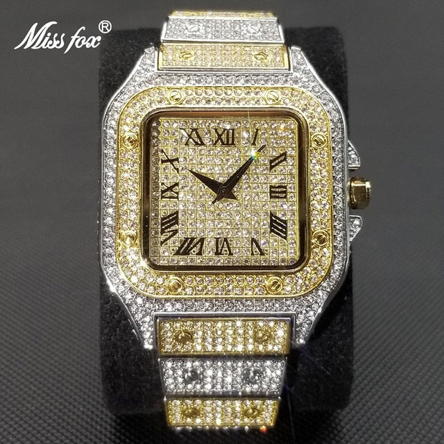 Karnz | Zegarek męski MISSFOX Ice Out Square | Złocenie 18K Nano-Vakuum | Szwajcarski mechanizm kwarcowy | Całkowicie wysadzany diamentami labolatoryjnymi | Obudowa ze stali nierdzewnej | Wodoodporny 3 ATM