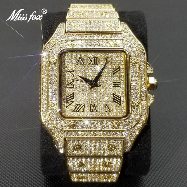 Karnz | Zegarek Męski MISSFOX Ice Out Square | Powłoka Nano-Vakuum 18K Złota | Szwajcarski Mechanizm Kwarcowy | Całkowicie Wypełniony Diamentami Labolatoryjnymi | Obudowa ze Stali Nierdzewnej | Wodoodporny 3 ATM