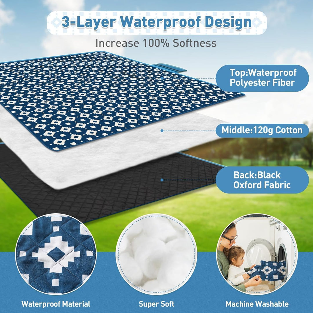 Extra duża, wodoodporna koc piknikowy 200 × 200 cm z 3 warstwami – MeadowRest