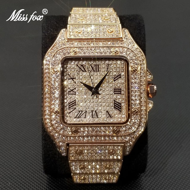 Karnz | Zegarek męski MISSFOX Ice Out Square | Złocenie 18K Nano-Vakuum | Szwajcarski mechanizm kwarcowy | Całkowicie wysadzany diamentami labolatoryjnymi | Obudowa ze stali nierdzewnej | Wodoodporny 3 ATM