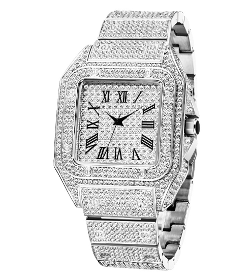 Karnz | Zegarek męski MISSFOX Ice Out Square | Złocenie 18K Nano-Vakuum | Szwajcarski mechanizm kwarcowy | Całkowicie wysadzany diamentami labolatoryjnymi | Obudowa ze stali nierdzewnej | Wodoodporny 3 ATM