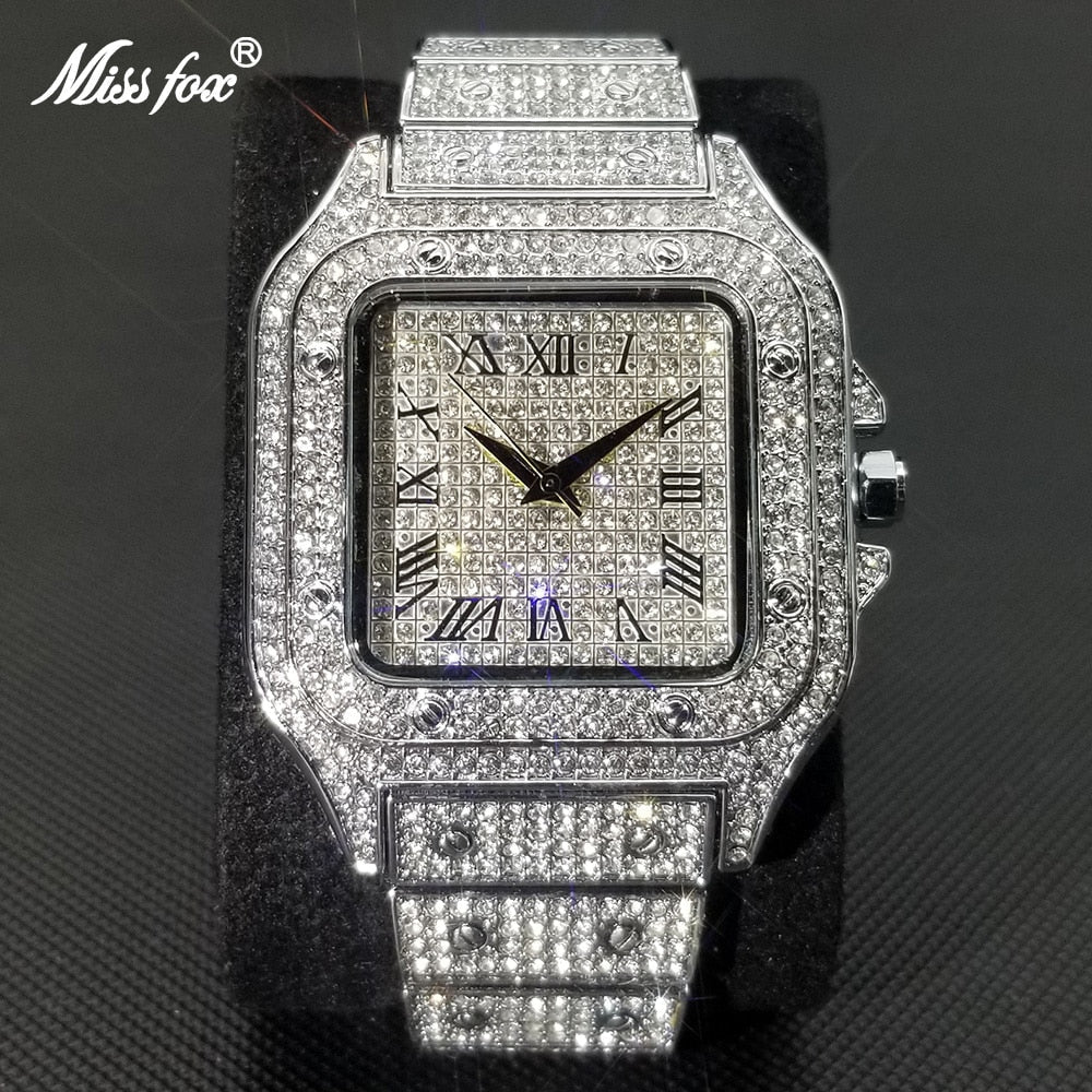 Karnz | Zegarek Męski MISSFOX Ice Out Square | Powłoka Nano-Vakuum 18K Złota | Szwajcarski Mechanizm Kwarcowy | Całkowicie Wypełniony Diamentami Labolatoryjnymi | Obudowa ze Stali Nierdzewnej | Wodoodporny 3 ATM