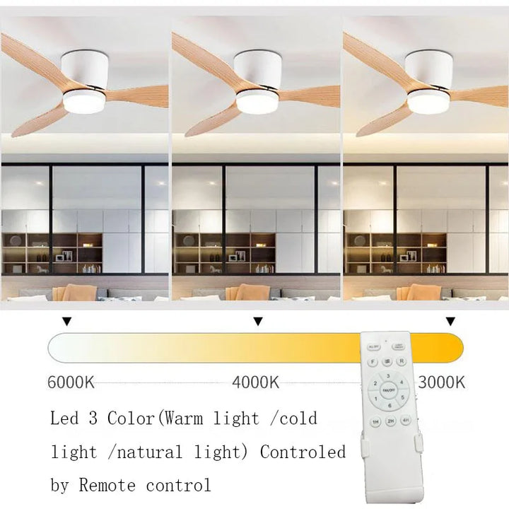 Wentylatory sufitowe 42/52 cale z lampami LED - 3 kolory, 6 prędkości silnika DC, pilot zdalnego sterowania, niskie dekoracyjne wentylatory z oświetleniem | Karnz