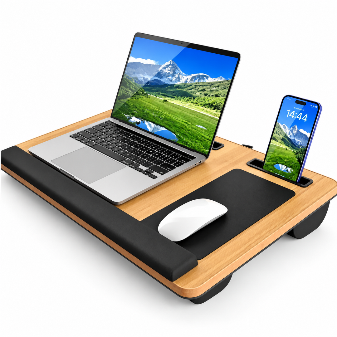 Ergonomiczny stojak na laptopa z podparciem na nadgarstek i schowkami na urządzenia | Karnz