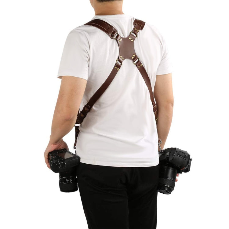 Szybkozłączny pasek antypoślizgowy na podwójne ramię z skóry z metalowymi hakami do aparatów SLR / DSLR (Brązowy)