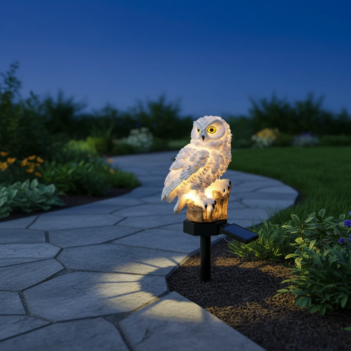 Karnz | Lampa ogrodowa OwlGlow Solar | Autonomiczne oświetlenie LED na zewnątrz | Wbudowany czujnik zmierzchu | Wodoodporność IP65 | 45 cm szpikulec ziemny | Dekoracyjny design sowy