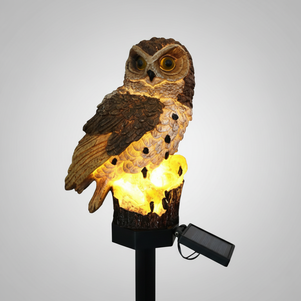 Karnz | Lampa ogrodowa OwlGlow Solar | Autonomiczne oświetlenie LED na zewnątrz | Wbudowany czujnik zmierzchu | Wodoodporność IP65 | 45 cm szpikulec ziemny | Dekoracyjny design sowy