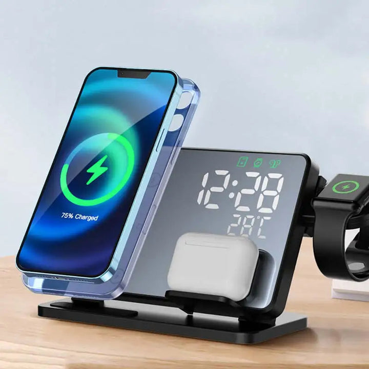 3-w-1 Szybka Stacja Ładowania | Premium Bezprzewodowa Stacja Ładowania z Budzikiem | dla Apple iPhone, Watch &amp; AirPods