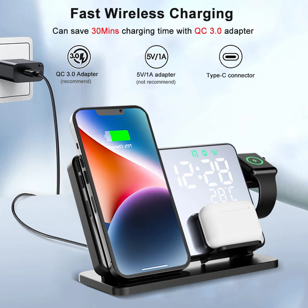 3-w-1 Szybka Ładowarka | Premium Bezprzewodowa Stacja Ładowania z Budzikiem | dla Apple iPhone, Watch i AirPods