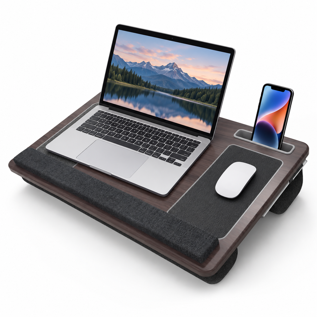 Ergonomiczny stojak na laptopa z podparciem na nadgarstek i schowkami na urządzenia | Karnz