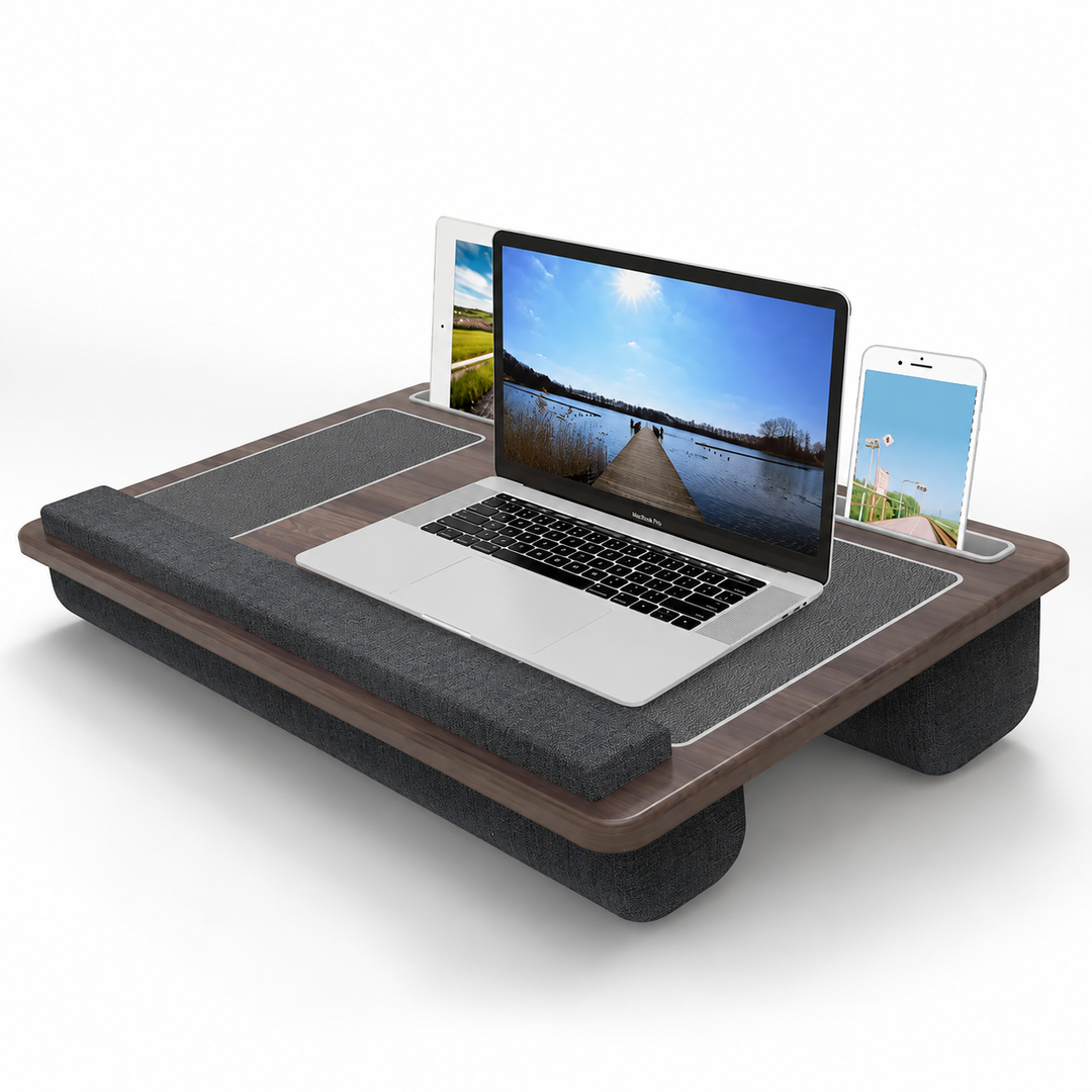 Ergonomiczny stojak na laptopa z podparciem na nadgarstek i schowkami na urządzenia | Karnz