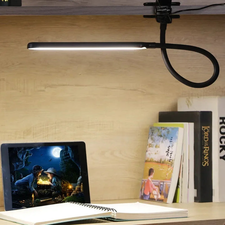 Karnz | LED-Lampa zaciskowa LumaFlex | 3 kolory światła i 10 poziomów jasności | Zasilanie USB | Elastyczna szyja | Przyjazna dla oczu i ściemniana