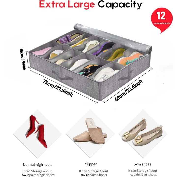 OrdiShoe Organizer na buty | Przechowywanie pod łóżkiem | Pojemność: 12 par | Odporny na kurz i składany