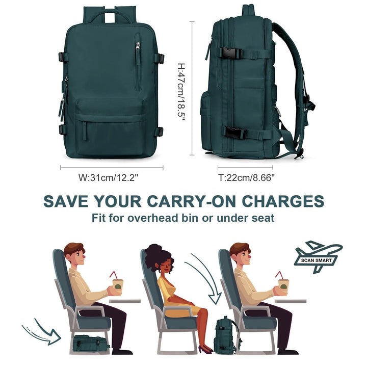 Karnz | Travelliva Damski Plecak Podróżny 35 L | Wodoodporny i z portem USB | Antykradzieżowy i z kieszenią na buty | Do wędrówek, codziennych spraw i podróży