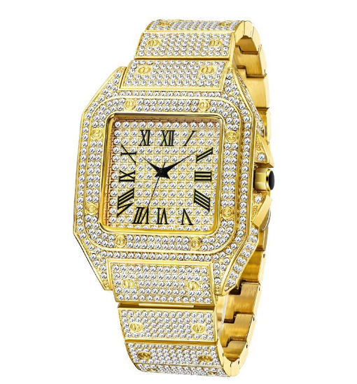 Karnz | Zegarek męski MISSFOX Ice Out Square | Złocenie 18K Nano-Vakuum | Szwajcarski mechanizm kwarcowy | Całkowicie wysadzany diamentami labolatoryjnymi | Obudowa ze stali nierdzewnej | Wodoodporny 3 ATM