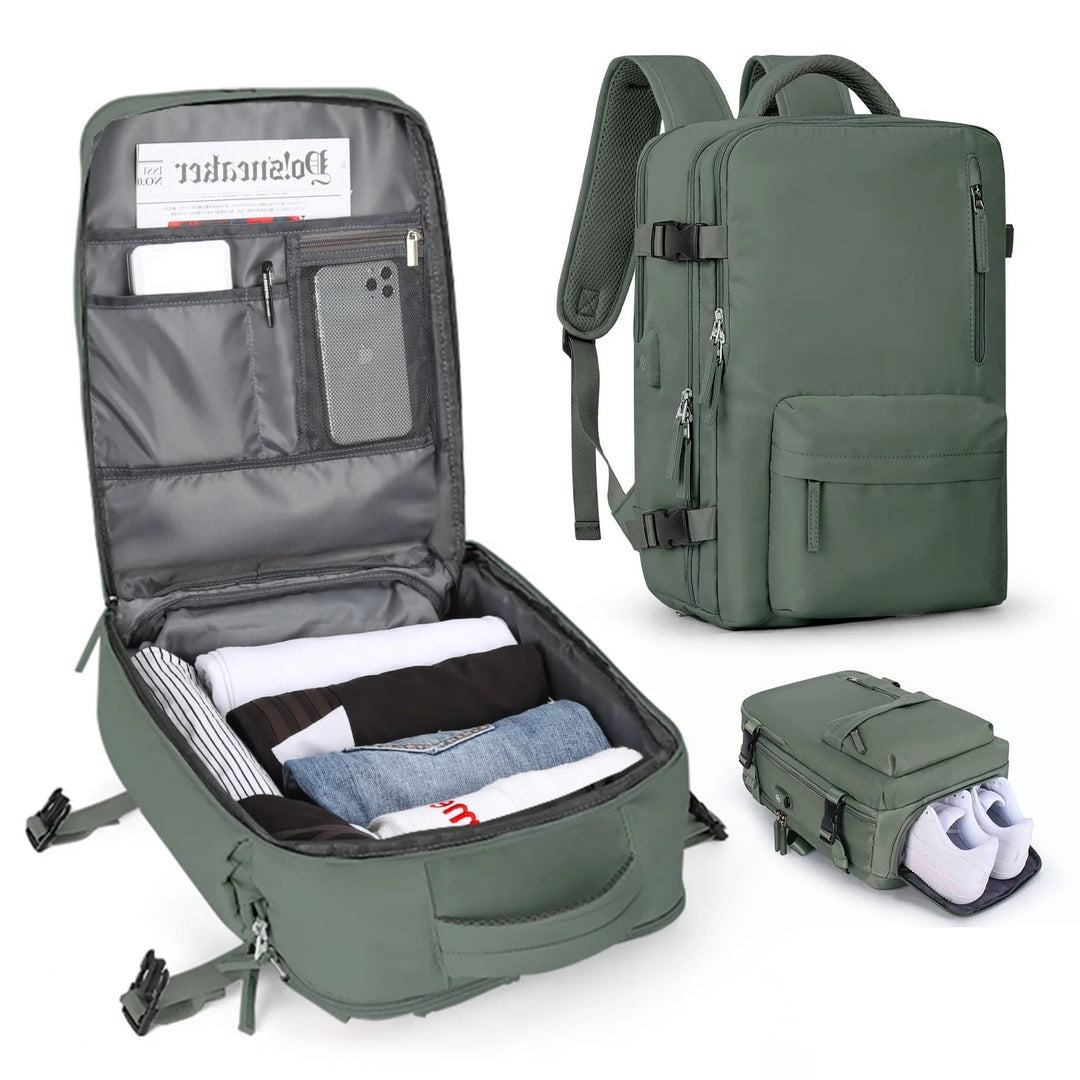 Karnz | Travelliva Damski Plecak Podróżny 35 L | Wodoodporny i z portem USB | Ochrona przed kradzieżą i kieszeń na buty | Do wędrówek, codzienności i podróży