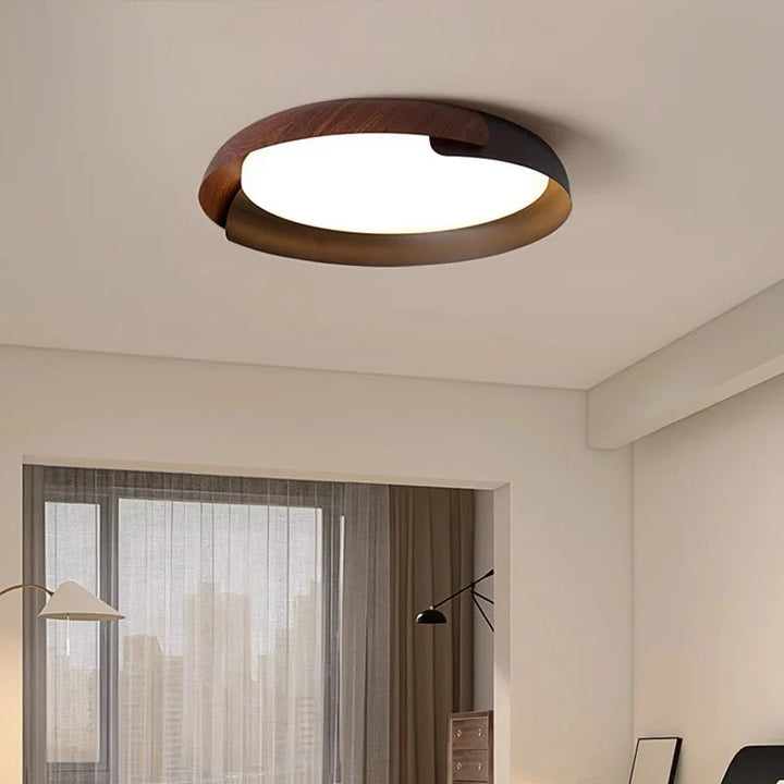 Nowoczesna lampa sufitowa z drewnianym wzorem – Stylowe oświetlenie LED do salonu