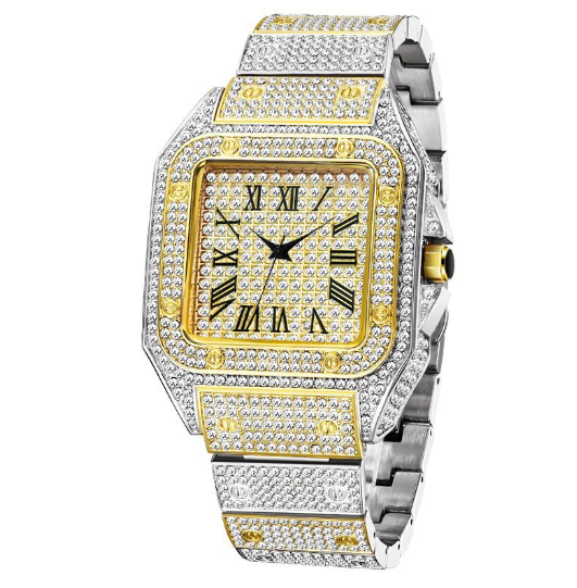 Karnz | Zegarek Męski MISSFOX Ice Out Square | Powłoka Nano-Vakuum 18K Złota | Szwajcarski Mechanizm Kwarcowy | Całkowicie Wypełniony Diamentami Labolatoryjnymi | Obudowa ze Stali Nierdzewnej | Wodoodporny 3 ATM