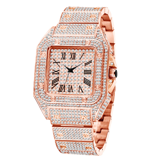 Karnz | Zegarek Męski MISSFOX Ice Out Square | Powłoka Nano-Vakuum 18K Złota | Szwajcarski Mechanizm Kwarcowy | Całkowicie Wypełniony Diamentami Labolatoryjnymi | Obudowa ze Stali Nierdzewnej | Wodoodporny 3 ATM