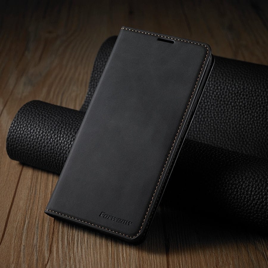 Skórzana etui na iPhone 15 w formacie portfela | Magnetyczne etui z klapką z kieszeniami na karty