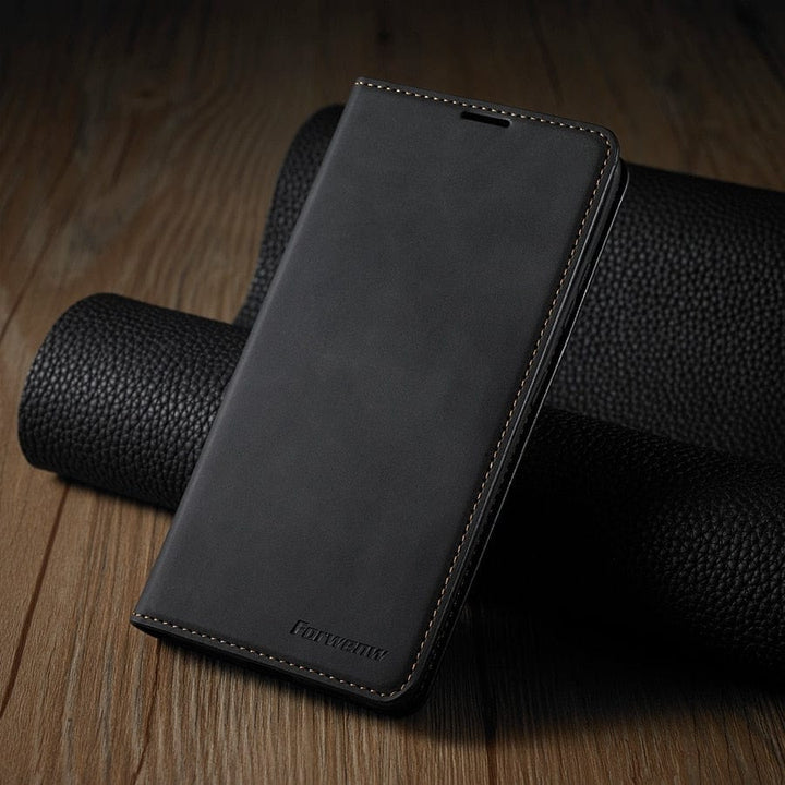 Skórzana etui na iPhone 15 w formacie portfela | Magnetyczne etui z klapką z kieszeniami na karty