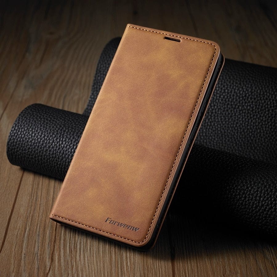Skórzana etui na iPhone 15 w formacie portfela | Magnetyczne etui z klapką z kieszeniami na karty