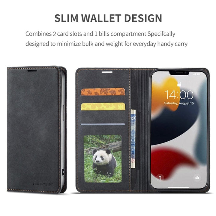 Skórzana etui na iPhone 15 w formacie portfela | Magnetyczne etui z klapką z kieszeniami na karty