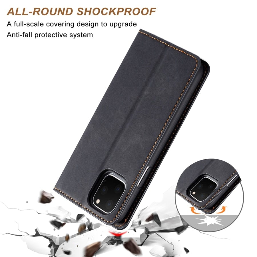 Skórzana etui na iPhone 15 w formacie portfela | Magnetyczne etui z klapką z kieszeniami na karty