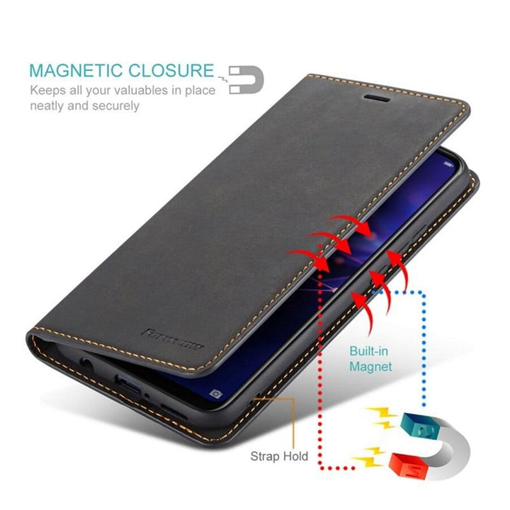 Skórzana etui na iPhone 15 w formacie portfela | Magnetyczne etui z klapką z kieszeniami na karty