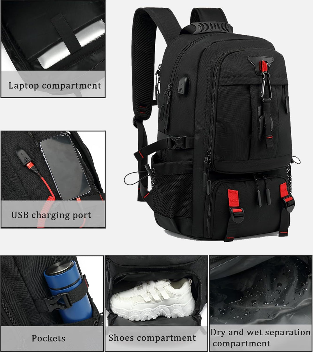 60L wodoodporny plecak podróżny na laptopa z portem USB i kieszenią na buty | Karnz