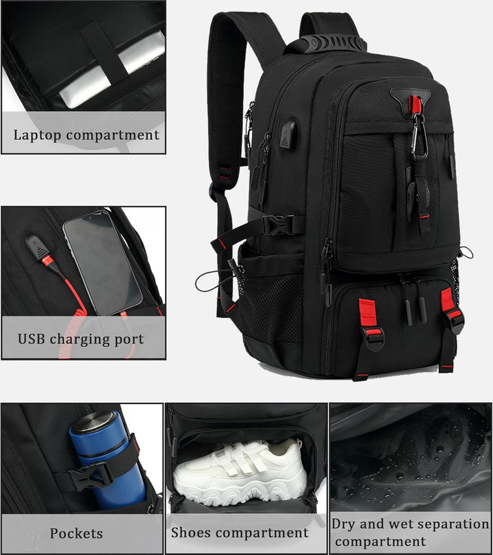 60L wodoodporny plecak podróżny na laptopa z portem USB i kieszenią na buty | Karnz
